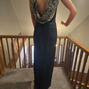 Elegant Black Sleeveless With Leopard Print Drape Evening Gown SIZE 3/4